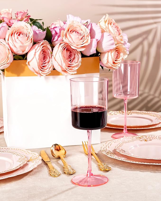 Ciaell 12 Pack Pink Plastic Wine Glasses - 10 Oz Disposable Wine Glasses with Stem for Parties & Weddings & Poolside & Outdoors & Camping-Ruum Studio Home