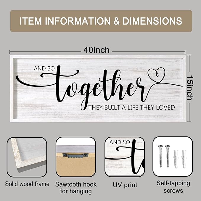 And So Together They Built A Life They Loved Decorative Rustic Sign & Plaque Framed Wall Art for Couples, 40''×15' Wooden Long Wall Decor Above Bed, Vintage Horizontal Farmhouse Wedding Gift-Ruum Studio Home