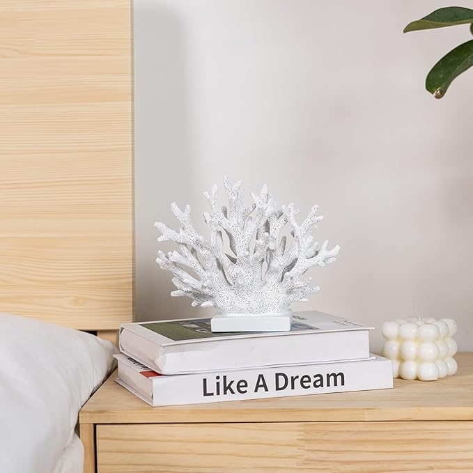 5.8" H White Coral Decor, Resin Coral Statue, Nautical Decorations for Home, Bedroom, Bathroom, Living Room, Beach/Coastal/Ocean Themed Cabinet Shelf Tabletop Decor-Ruum Studio Home