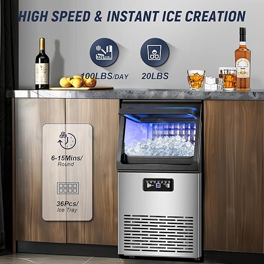 Commercial Ice Maker Machine 100LBS/24H with 20LBS Storage Bin, Gallon Water & Facuet Water Inlet, 36PCS 15" Wide Undercounter/Freestanding Ice Maker Machine for Home Bar Outdoor, Self Cleaning-Ruum Studio Home
