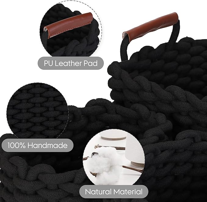 Sea Team 3-Pack Rectangle Woven Cotton Rope Storage Baskets with Handles, Shelf Basket, Closet Organizers, 3-in-1, Black-Ruum Studio Home