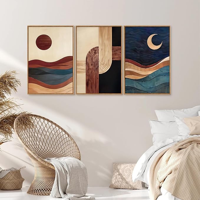 SIGNINART Boho Mid Century Modern Framed Canvas Wall Art, Bohemian Geometric Wall Decor, Abstract Sun and Moon Artwork,Beige and Black Wooden Art Paintings for Living Room Bedroom Office 16"x24"x3-Ruum Studio Home