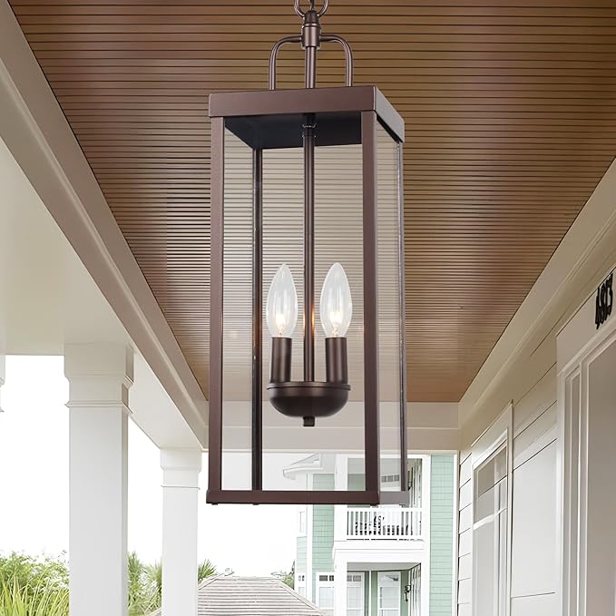 Large Outdoor Pendant Lantern Light Fixture for Front Porch, 20 Inch 2-Light Bronze Exterior Hanging Chandelier with Clear Glass, Outdoor Indoor Pendant Lamp for Patio, Gazebo, RZ008M-H ORB-Ruum Studio Home