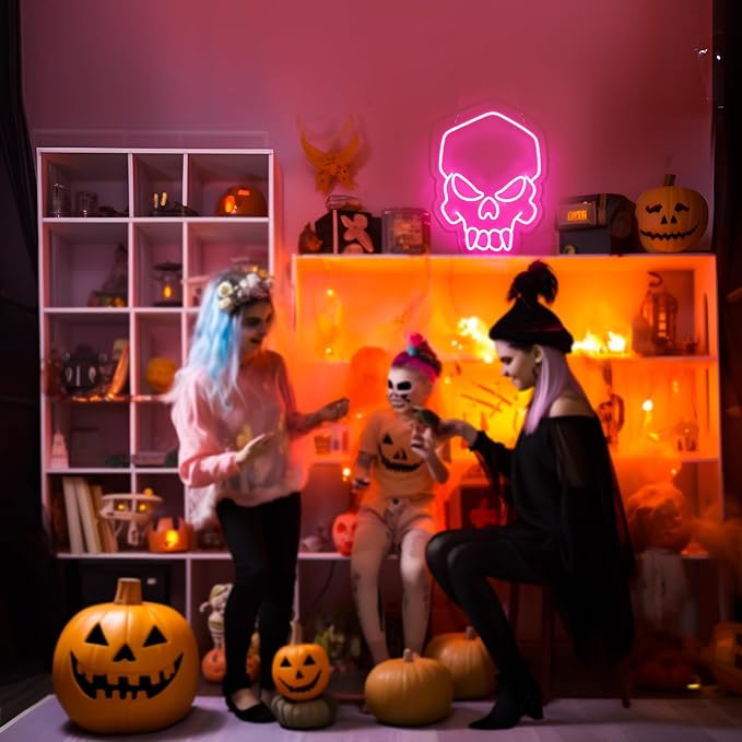 Skull Neon Sign Pink,Halloween Neon Light for Wall Decor, Skeleton LED Neon Sign for Beer Bar Bedroom Art,Skull Head Neon Lights Suitable for Computer Room,5V USB Power 15.75 * 11.8in(Non-Dimmable)-Ruum Studio Home