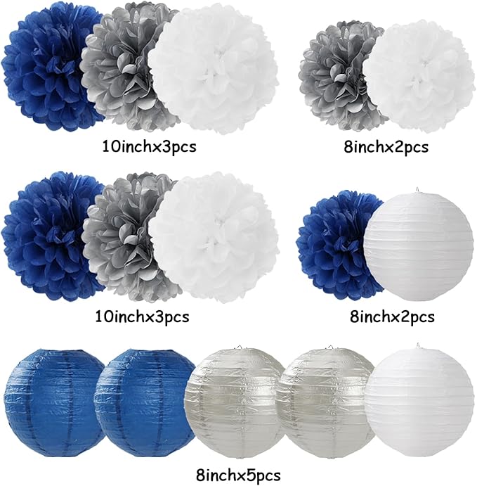 Navy-Blue Silver Party-Decorations Paper-Flowers Lanterns - 15PCS Birthday Royal White Wedding Tissue Pom Poms Streamers,Baby Bridal Shower Bachelorette Graduation Hanging Supplies Decor Hugfond-Ruum Studio Home