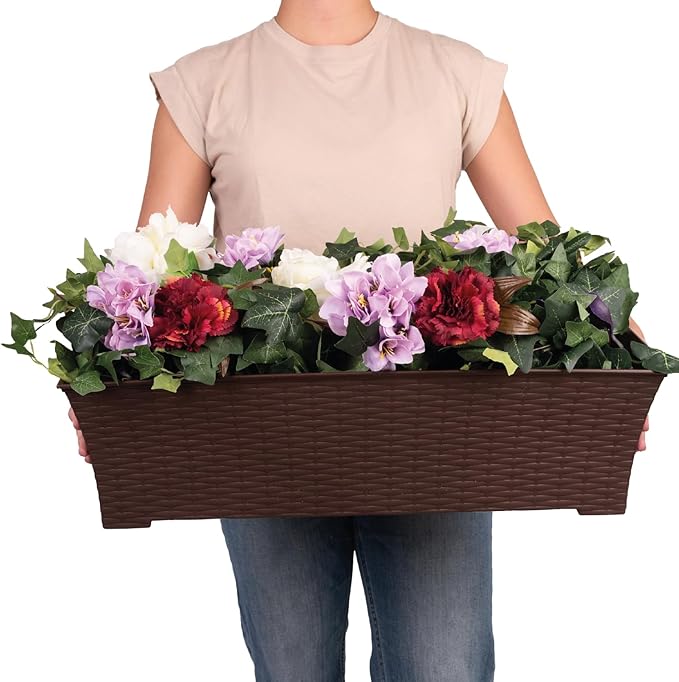 Elly Décor Set of 2 24x8 Rectangular Modern, Resistant and Self Watering Planter with Rattan-Like Finish, 24", Chocolate Brown-Ruum Studio Home