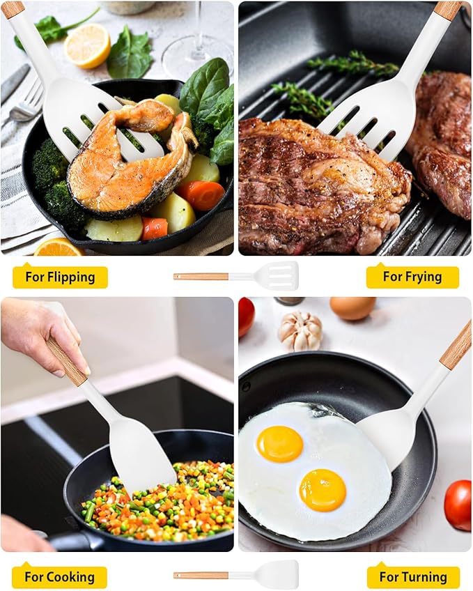 Pack of 2 Silicone Cooking Spatula, Heat Resistant Solid Turner, Non Stick Slotted Spatulas with Wooden Handle,Ideal Wood Kitchen Utensils Set for Frying, Baking, Flipping, Turning (WHITE)-Ruum Studio Home