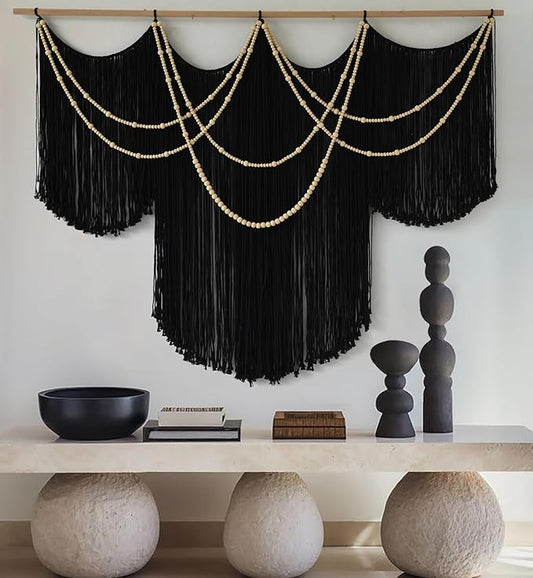 Macrame Wall Hanging Black Yarn Tapestry Home Decor Large Fiber Wall Art Living Room Bedroom Home Wall Decor 57" W x 43" L-Ruum Studio Home