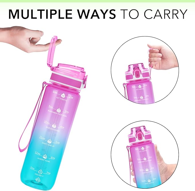 32oz Motivational Water Bottles with Time Marker & Fruit Strainer, Transparent Gradient Color Water Bottle with Times to Drink, Leakproof & BPA Free, Reusable Bottle with Strap (No Straw)-Ruum Studio Home