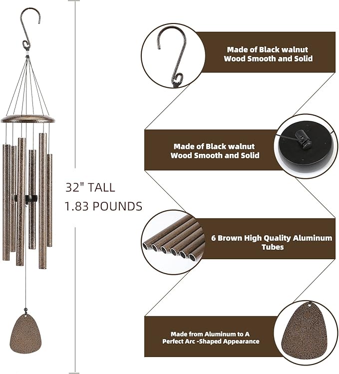 Wind-Chimes-Outdoor-Deep-Tone, Large Soothing Melodic Tones Windchimes, Wind Chimes for Outside, Memorial Wind Chime Best Gift for Mom Women Grandma Neighbors(32" Brown Coated Aluminum)-Ruum Studio Home