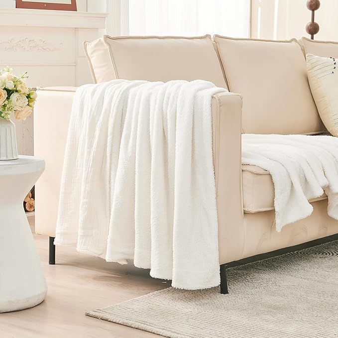 EMME Muslin and Fleece Twin Blanket Reversible - 60"*80" Cream Soft Warm Throw Blankets for Couch Bed Picnic Travel Bed-Ruum Studio Home