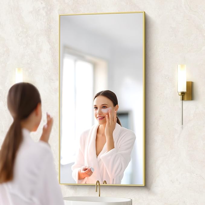 48x24In Gold Bathroom Mirror for Wall, Brushed Gold Rectangle Mirrors with Metal Frame, Bathroom Rectangular Mirror Modern Wall Mirror for Bedroom Living Room, Hangs Horizontal or Vertical-Ruum Studio Home