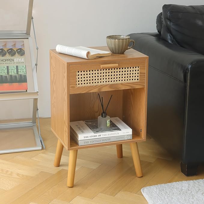 Mid Century Modern Nightstand, Rattan Bedside Table with Drawer and Open Shelf, Wood Nightstand Modern Side Table for Living Room, Bedroom and Small Space, Brown-Ruum Studio Home
