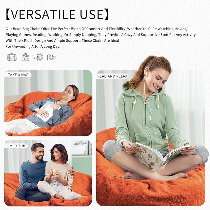 Bean Bag Chair for Adults 7FT,Soft Removable Cover for Teens/Girls Bedroom,Fluffy Giant Round Floor Beanbag Lounger Chairs (No Filler,Orange)-Ruum Studio Home