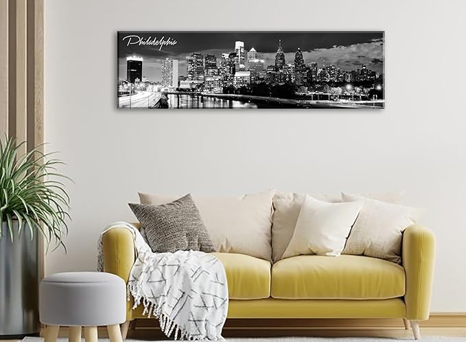 DJSYLIFE Philadelphia Skyline Canvas Art - 13.8"x47.3" Black & White Cityscape Wall Decor, Modern Panoramic Night View Print for Living Room, Office, Bedroom - Ready to Hang-Ruum Studio Home