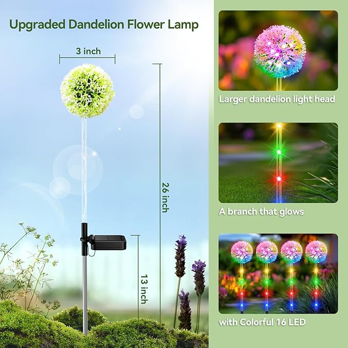 Solar Garden Lights Outdoor Decorations: 4 Pack Dandelion Flower Lights, 2 Modes Colorful 16 LED Landscape Light, Waterproof Artificial Flowers for Yard, Patio, Pathway Decor, Gifts for Women Mom-Ruum Studio Home