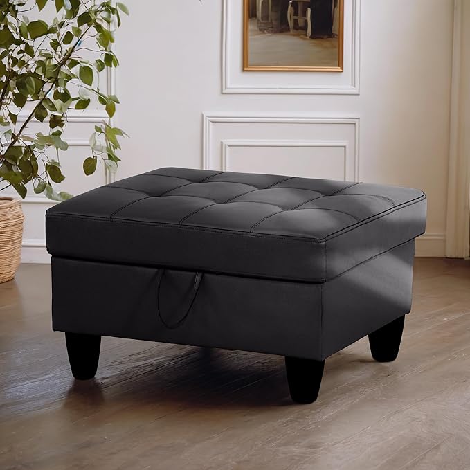 Ottoman Rectangular Storage Ottoman Bench, Faux Leather Footrest, Coffee Table, Stool Footstool with Hinged Lid for Living Room, Bedroom, Entryway, Black, 35"x23.5"x17.5"-Ruum Studio Home