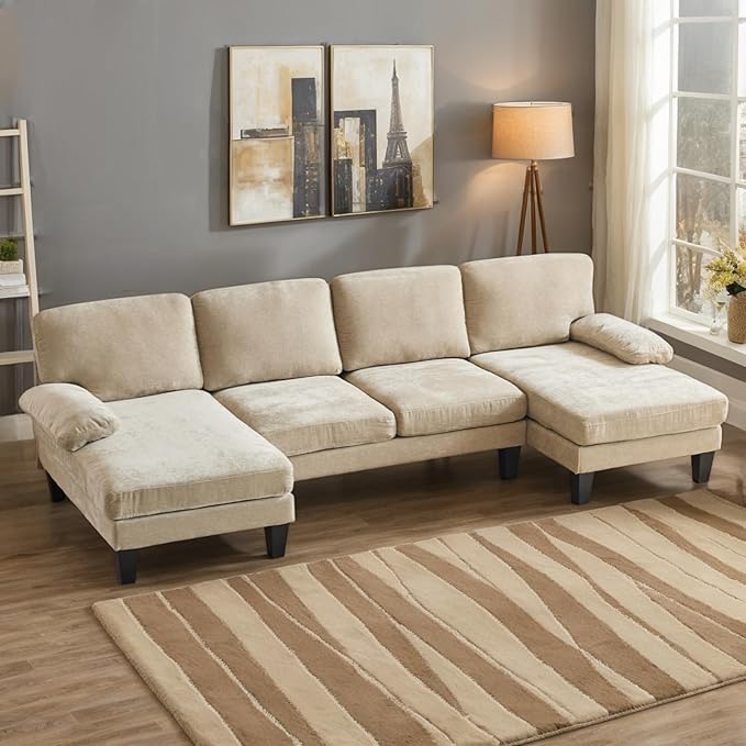 Karl home U-Shape Sectional Sofa Couch 111" Modern 4-Seat Sofa with Chaises Chenille Fabric Upholstered Covertible Couch with Wood Grain Legs for Living Room, Reception Room, Apartment, Khaki-Ruum Studio Home