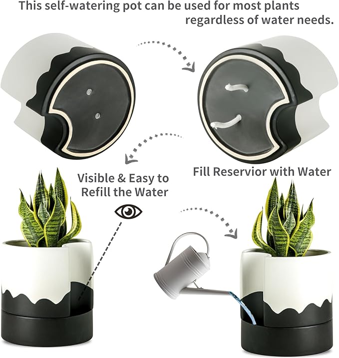 Nihow Self Watering Plant Pot: 8 Inch Ceramic Planter with Drainage Hole & Water Storage Plus for Indoor & Outdoor Plants - Cylinder Round Flower Pot for Succulent/Herbs/Violets - White & Wave Black-Ruum Studio Home