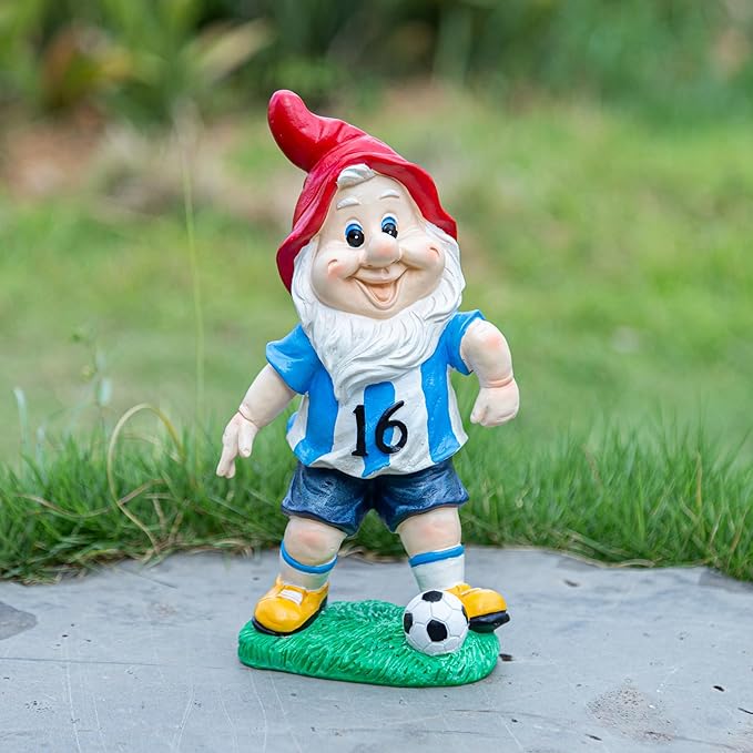 Outdoor Gnome Sculpture Soccer Garden Gnome Statue, 9.8 x 5.1 x 3.5 inches, Red Hat with Blue Jersey The for Football Enthusiasts-Ruum Studio Home