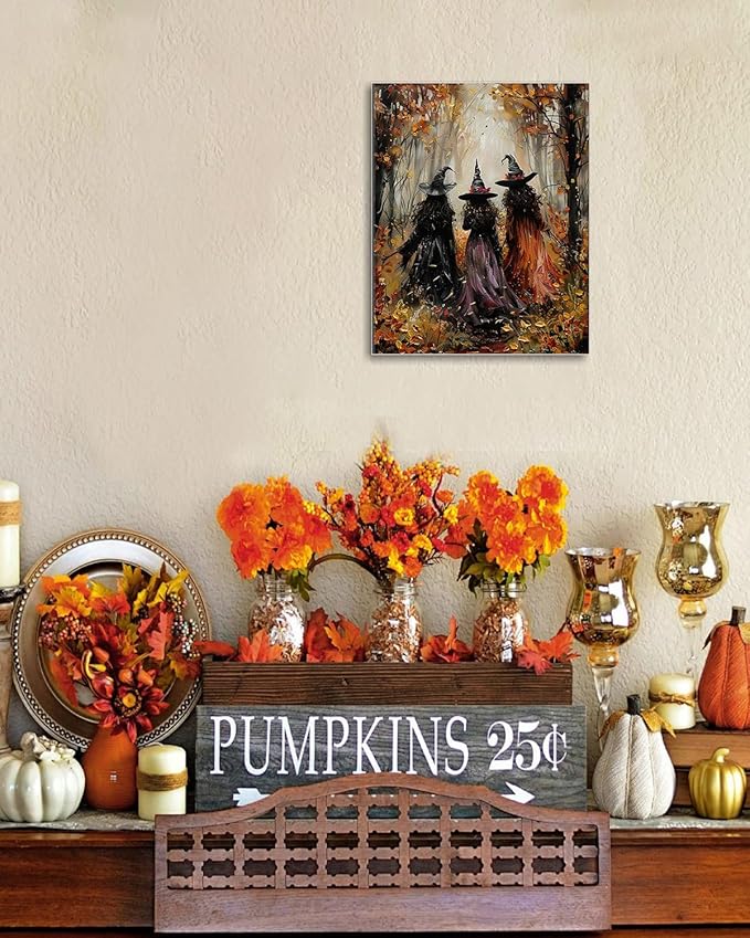 Halloween Canvas Wall Art, Vintage Three Witches Poster, Gothic Dark Academia Wall Decor, Spooky Halloween Decor for Living Room, Bedroom & Bathroom, Framed Fall Decorations Indoor-Ruum Studio Home