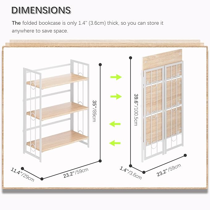 4NM No Assembly 3 Tiers Folding Bookshelf, 35" H Foldable Storage Shelves Vintage Bookcase Standing Racks Study Organizer Home Office - Natural White-Ruum Studio Home