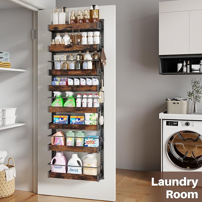 8 Tier Over The Door Pantry Organizer, 2 IN 1 Wall Mount or Metal Hanging Spice Rack for Pantry Organizers and Storage, Seasoning Shelves，Adjustable Basket with Hooks for Kitchen, Bathroom,Laundry-Ruum Studio Home