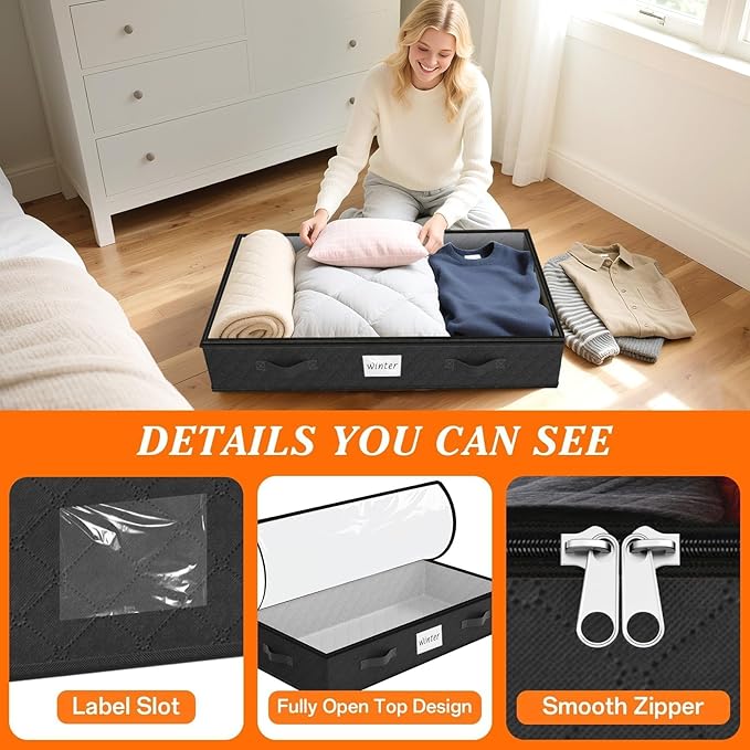 SpaceWhisper 90L Under Bed Storage Containers, 2-Pack Storage Bins with Clear Top, Foldable Closet Organizers and Storage with Label Holder for Clothing, Blankets, Comforter & Pillows(Black)-Ruum Studio Home
