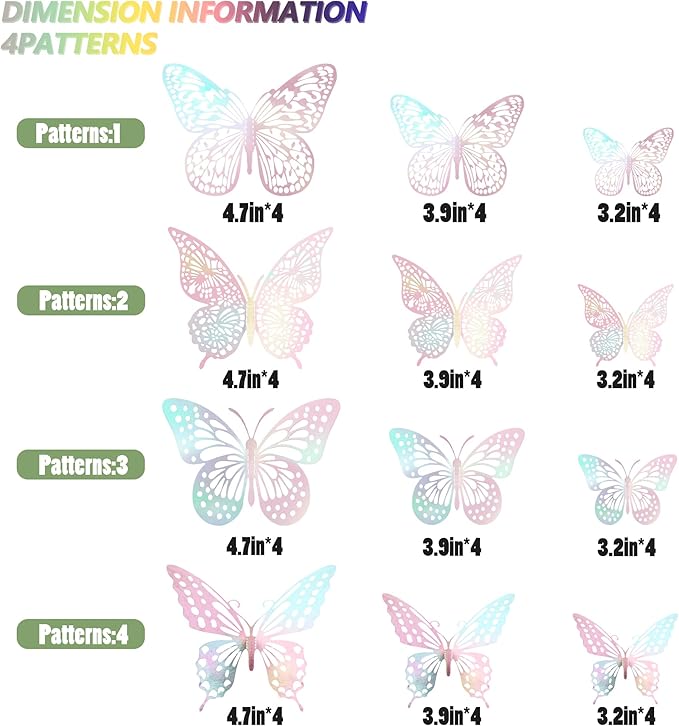 SAOROPEB 3D Wall Decor - 48 Pcs, 4 Styles, 3 Sizes - Laser Pink Butterfly Decorations for Birthday Parties, Removable Stickers-Ruum Studio Home