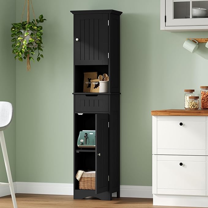 ChooChoo 67" Tall Bathroom Storage Cabinet Freestanding with Adjustable Shelves, Narrow Storage Linen Cabinet with 2 Doors and 1 Drawers for Bathroom, Living Room, Kitchen, Black-Ruum Studio Home