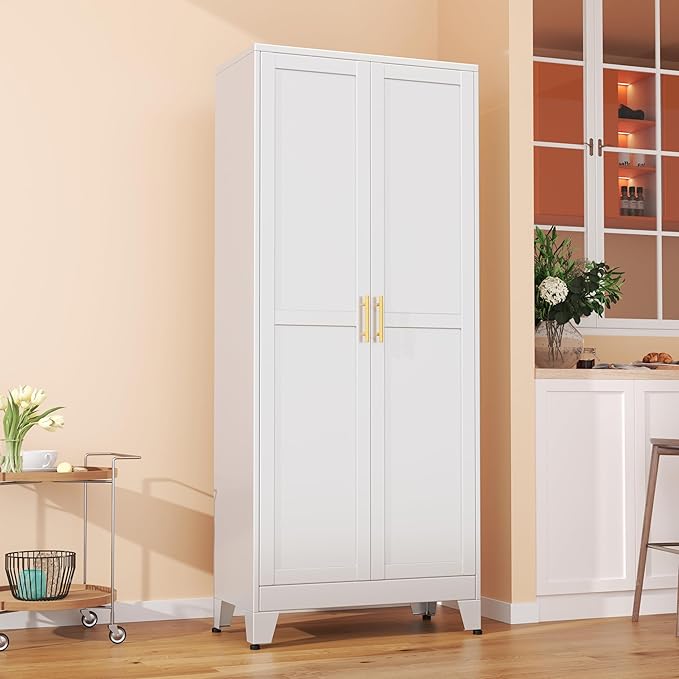 Metal Pantry Cabinet with 2 Doors and Adjustable Shelves - 71" Kitchen Storage Cabinet with Gold Handles - Versatile Storage for Kitchen, Bathroom, Dining Room, Utility Room - White-Ruum Studio Home