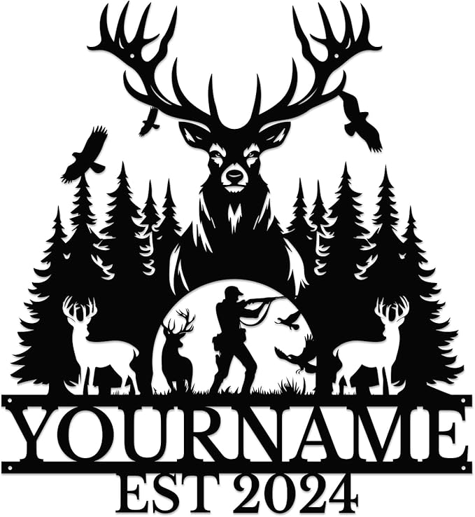 Personalized Deer Forest Name metal Signs,Custom Shed Metal Wall Decor,Black Deer Metal Wall Art Decor,Deer Home Metal Signs Plaques,Outdoor wall Decorative Signage (Style D)-Ruum Studio Home
