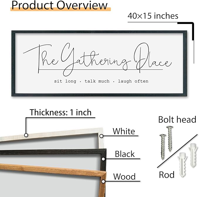 SRSZHIYUE The Gathering Place Sign Wall Decor Art 40"×15" for Large Kitchen Dining Room Wood Framed Wall Hanging (Black)-Ruum Studio Home
