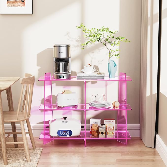 Acrylic Bookshelf, Small 3 Tier Open Bookcase for Small Spaces,Sofa Table, Hallway Entry Table for Home Living Room (Pink, 39.4'' x 11.8'' x 31.5'')-Ruum Studio Home