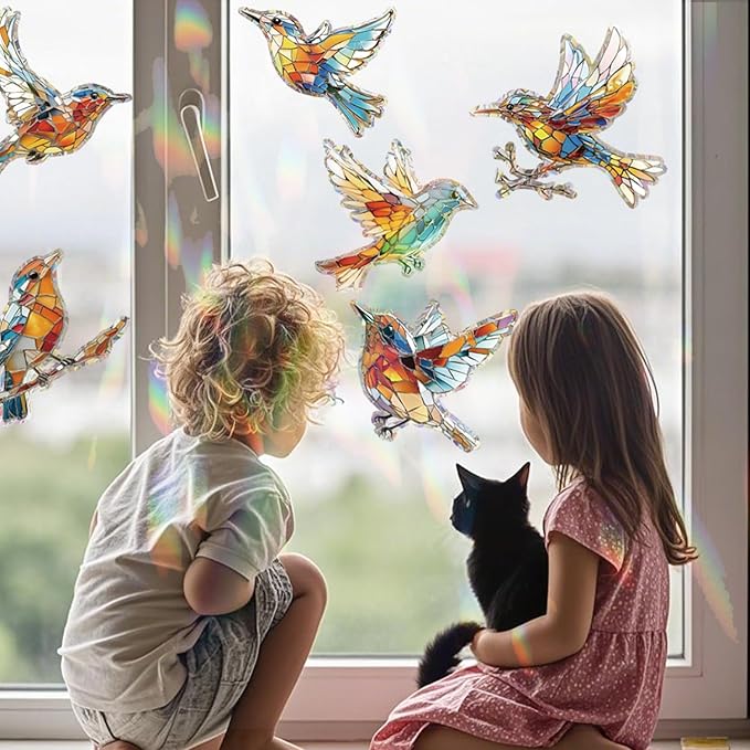 12pcs Window Decals for Bird Strikes, Anti Collision Window Clings, Rainbow Reflection Window Sticker, Hummingbird Style Sun Catcher Stickers for Glass Windows-Ruum Studio Home
