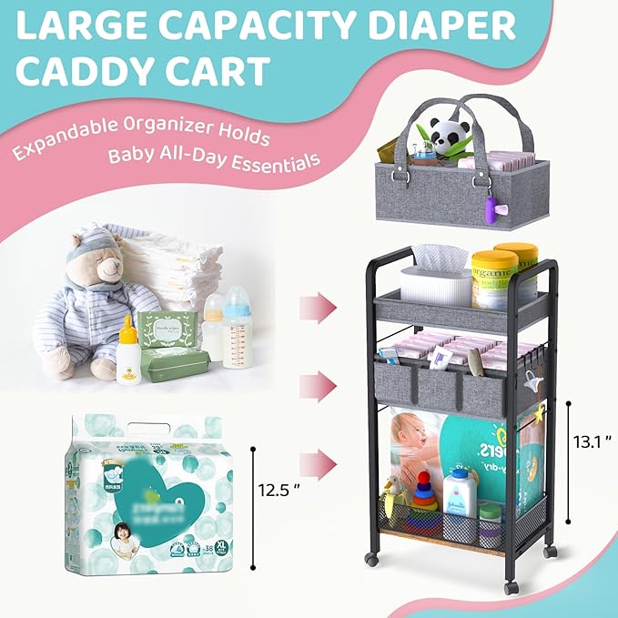 2IN1 Baby Diaper Caddy Organizer-3 Tier Rolling Storage Cart with Dividers - Bedside Diaper Caddy Cart for Baby Nursery Newborn Essentials-Mobile Utility Carts with Wheels for Changing Table-Ruum Studio Home