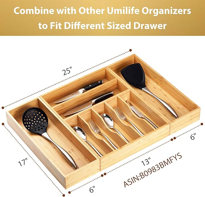 Umilife Bamboo Kitchen Utensils Organizer, Extra Long High Silverware Drawer Holder, Flatware Cutlery Storage Box, Multi-Use Drawer Divider in Office, Bathroom, Pantry - 17"x6"x2.5" (Set of 2)-Ruum Studio Home