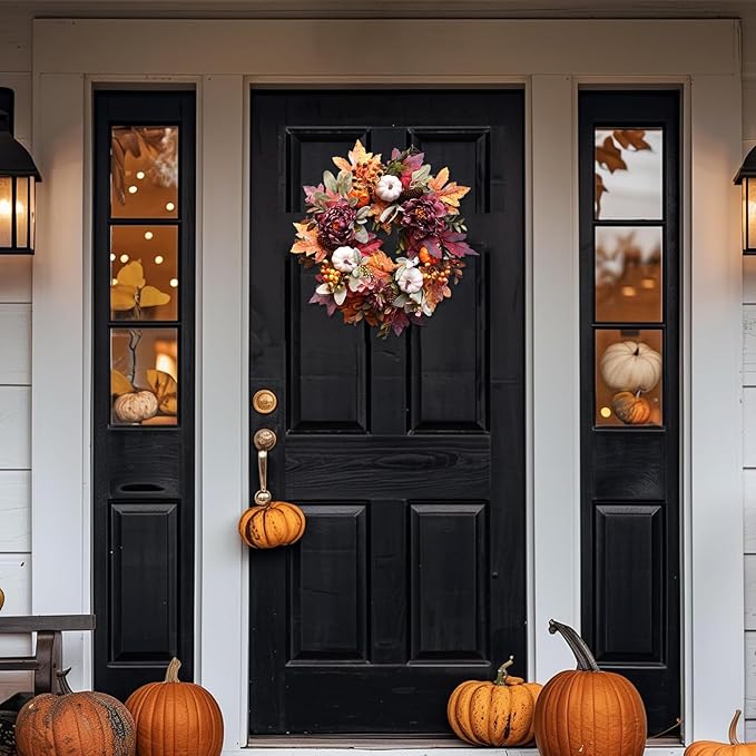 20Inch Fall Wreaths for Front Door,Fall Wreath,Fall Decorations for Home,Autumn Wreaths with White Pumpkins Peony Pine Cones, Fall Door Wreath for Thanksgiving Halloween Indoor Outdoor Decor-Ruum Studio Home