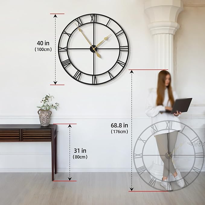 LEIKE 40 Inch Extra Large Modern Wall Clock, Oversize Rustic Round Nearly Silent Battery Operated, Black Metal Roman Numerals Wall Clocks for Living Room, Bedroom, Entrance Home Decor-Ruum Studio Home