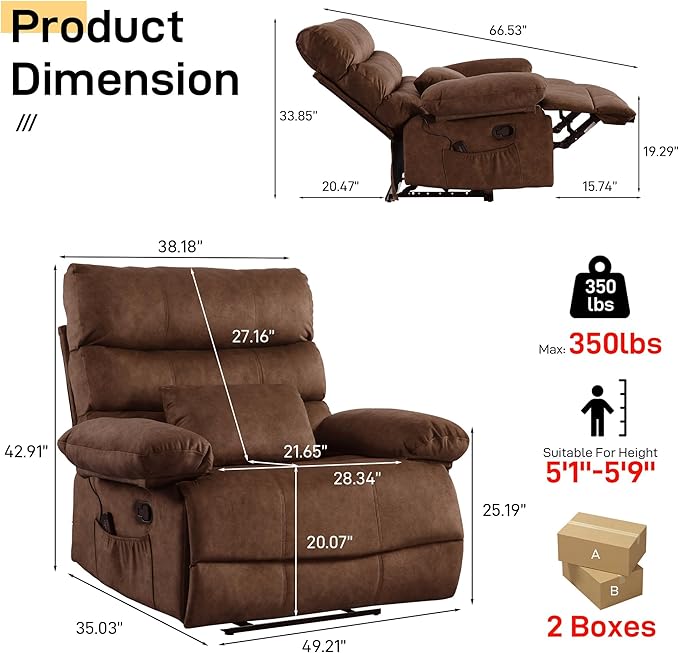 Oversized Power Recliner Chair 350lb with Hidable Cup Holders, Extra Wide Large Big Electric Recliner Chair with Lumbar Support Pillow Nursery Chair Living Room (Manual, BROWN-6002-1)-Ruum Studio Home