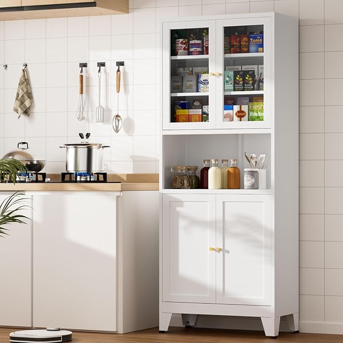 69" Tall Pantry Cabinet, Kitchen Storage Cabinet with 2 Glass Doors and Adjustbale Shelves, Freestanding Metal Cupboards for Dining Room, Living Room, Bathroom-Ruum Studio Home