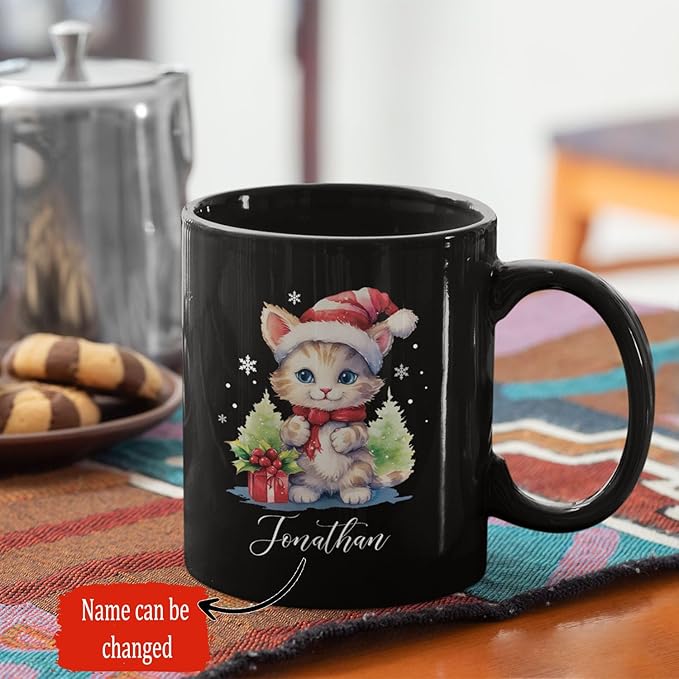 Cute Christmas Cat Cup, Customized Animal Coffee Mug, Gift For Birthday, Personalized Animal Lover Black Cup 11oz 15oz, Custom Xmas Cat Design Mug For Girl-Ruum Studio Home