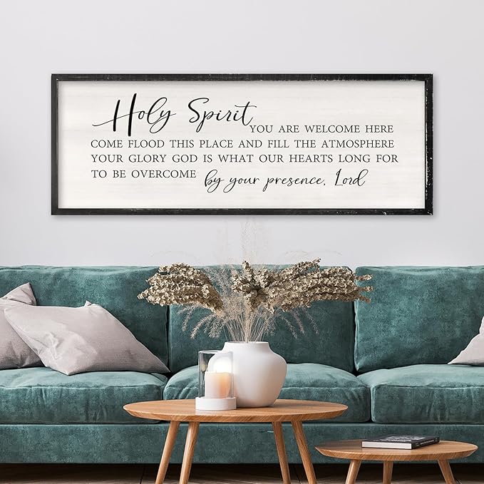 Holy Spirit You are Welcome Here Wall Decor Art 32x12 Inch Large Christian Song Bible Verse Plaque Wood Framed Sign Living Room Scripture Quote Religious For Office Wall Hanging (Black)-Ruum Studio Home