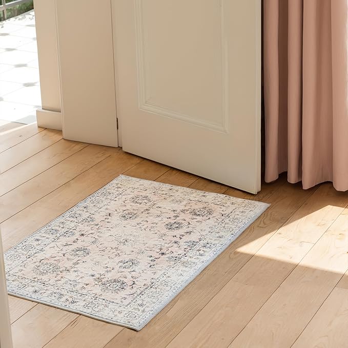 2'x3' Vintage Floral Rug - Persian Inspired Low-Pile Faux Wool Area Rug, Non-Slip Washable Small Rug for Bedroom, Nursery, Dorm, Soft Pink Boho Chic Decor-Ruum Studio Home