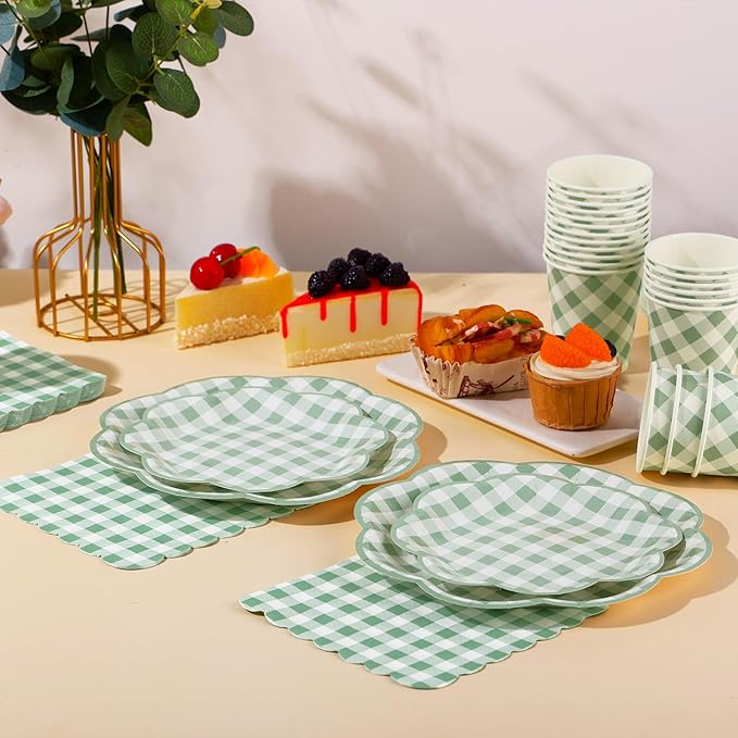 350 Pcs Sage Green Gingham Paper Plates and Napkins Party Supplies - Sage Green and White Checkered Plates Scalloped Plaid Plate for Birthday Dinner Picnic BBQ Party Decorations, Serve 50 Guests-Ruum Studio Home