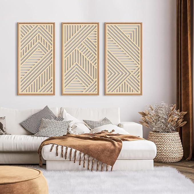 IARTTOP 3 Pieces Wood Boho Wall Art Framed Mid century Modern Wooden Wall Decor Large Minimalist Geometric Line Decor for Living Room Bedroom Office-16 x32-Ruum Studio Home