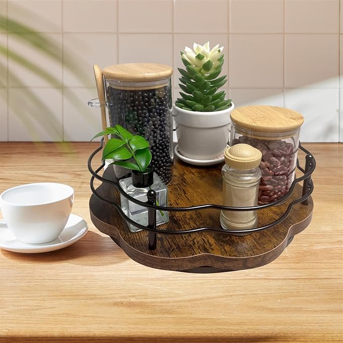 12" Lazy Susan Turntable Organizer with Higher Metal Sides, Wooden Lazy Susan Spice Rack Organization and Storage for Cabinet,Kitchen,Countertop,Table Top,Dining Table,Coffee Bar Decor-Ruum Studio Home