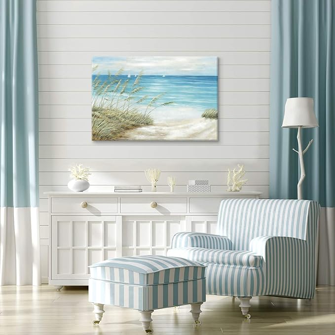 cozy country Coastal Wall Art 45"x30" - Beach Pictures Ocean Canvas Decor - Nautical Artwork Seascape Hand Painting for Living Room, Sea House-Ruum Studio Home