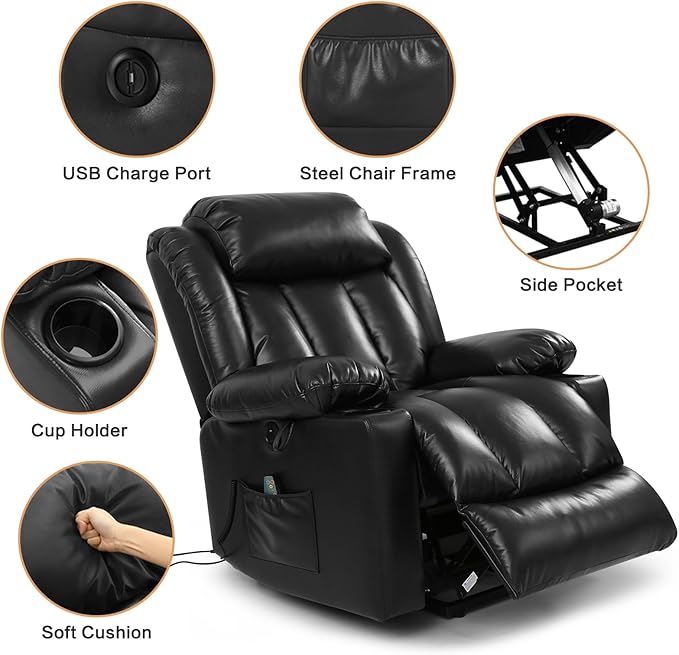 PARKOL Power Lift Recliner Chair for Elderly Breathable Leather Recliner Chair with Massage and Heat,2 Cup Holders,Electric Stand Assist,USB Ports,Gifts for Family (Black)-Ruum Studio Home