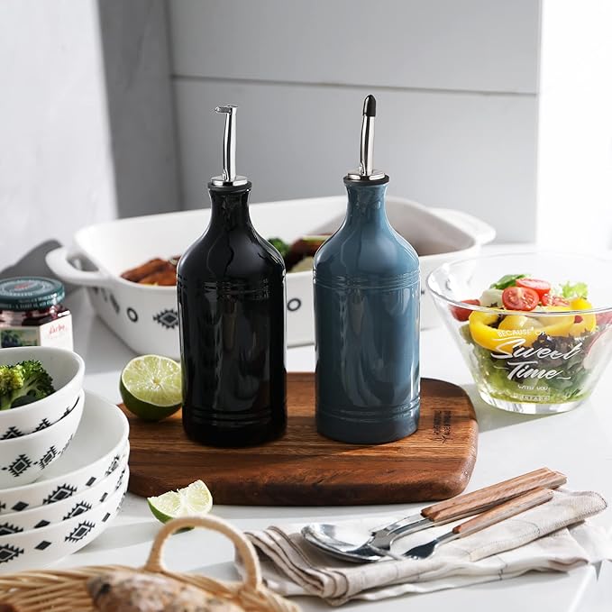 Sweejar Ceramic Olive Oil Dispenser Bottle, Opaque Oil Cruet Protects Oil to Reduce Oxidation, Suitable for Storage Oil, Vinegar, Coffee Syrups & Other Liquids, Pack of 1, 15.5 Fl Oz (Fog Blue)-Ruum Studio Home